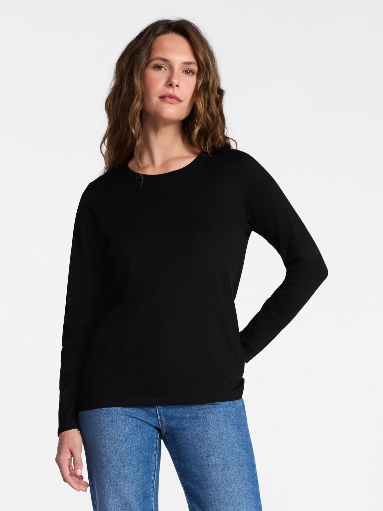 Time and Tru Women's Crewneck Tee with Long Sleeves, Sizes XS-XXXL
