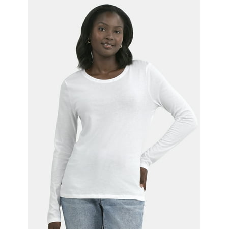 Time and Tru Women's 100% Cotton Crewneck Long-Sleeve Tee, Sizes XS-XXXL