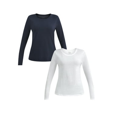 Time and Tru Women's Cotton Crewneck Tee with Long Sleeves, 2-Pack, Sizes XS-XXXL