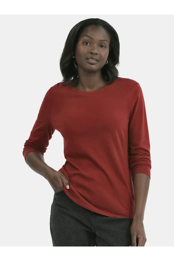 Women's Cotton Crewneck Tee with Long Sleeves, Sizes XS-XXXL