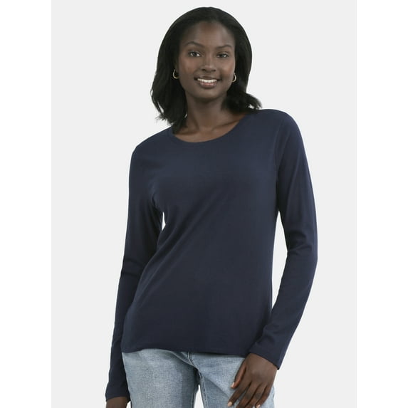 Time and Tru Women's Cotton Crewneck Tee with Long Sleeves, Sizes XS-XXXL