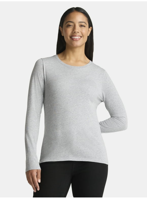 Women's Cotton Crewneck Tee with Long Sleeves, Sizes XS-XXXL