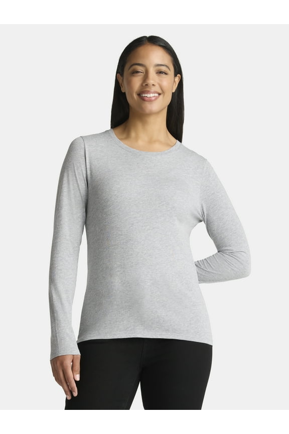 Women's Cotton Crewneck Tee with Long Sleeves, Sizes XS-XXXL