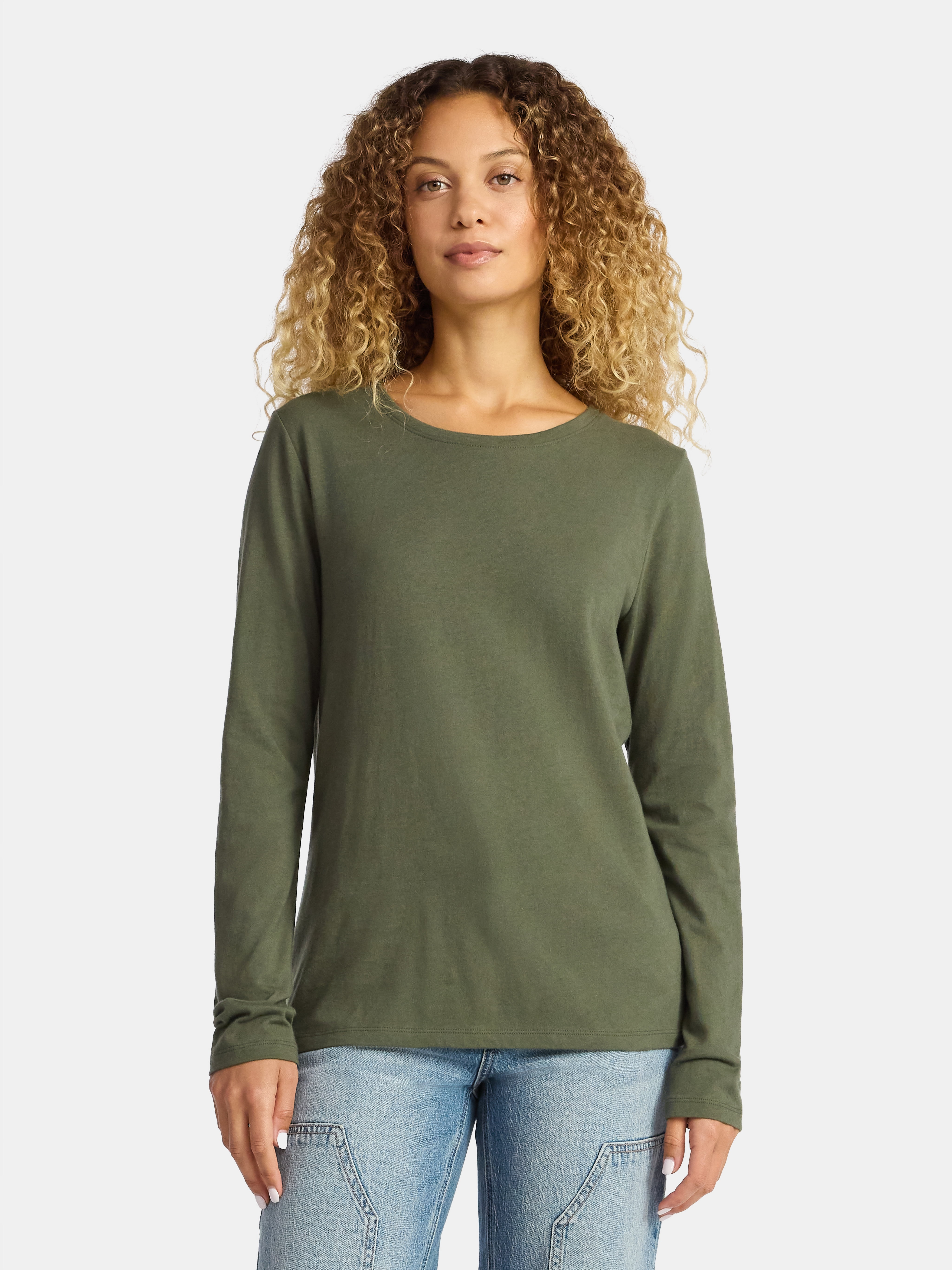 Time and Tru Women's Cotton Crewneck Tee with Long Sleeves, Sizes XS-XXXL