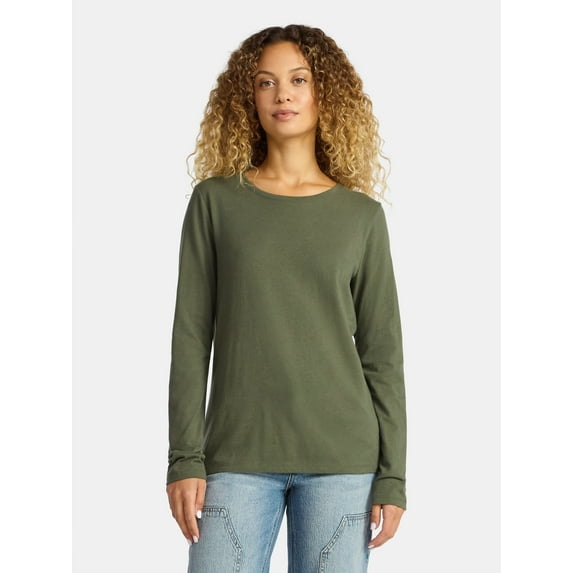 Time and Tru Women's Cotton Crewneck Tee with Long Sleeves, Sizes XS-XXXL
