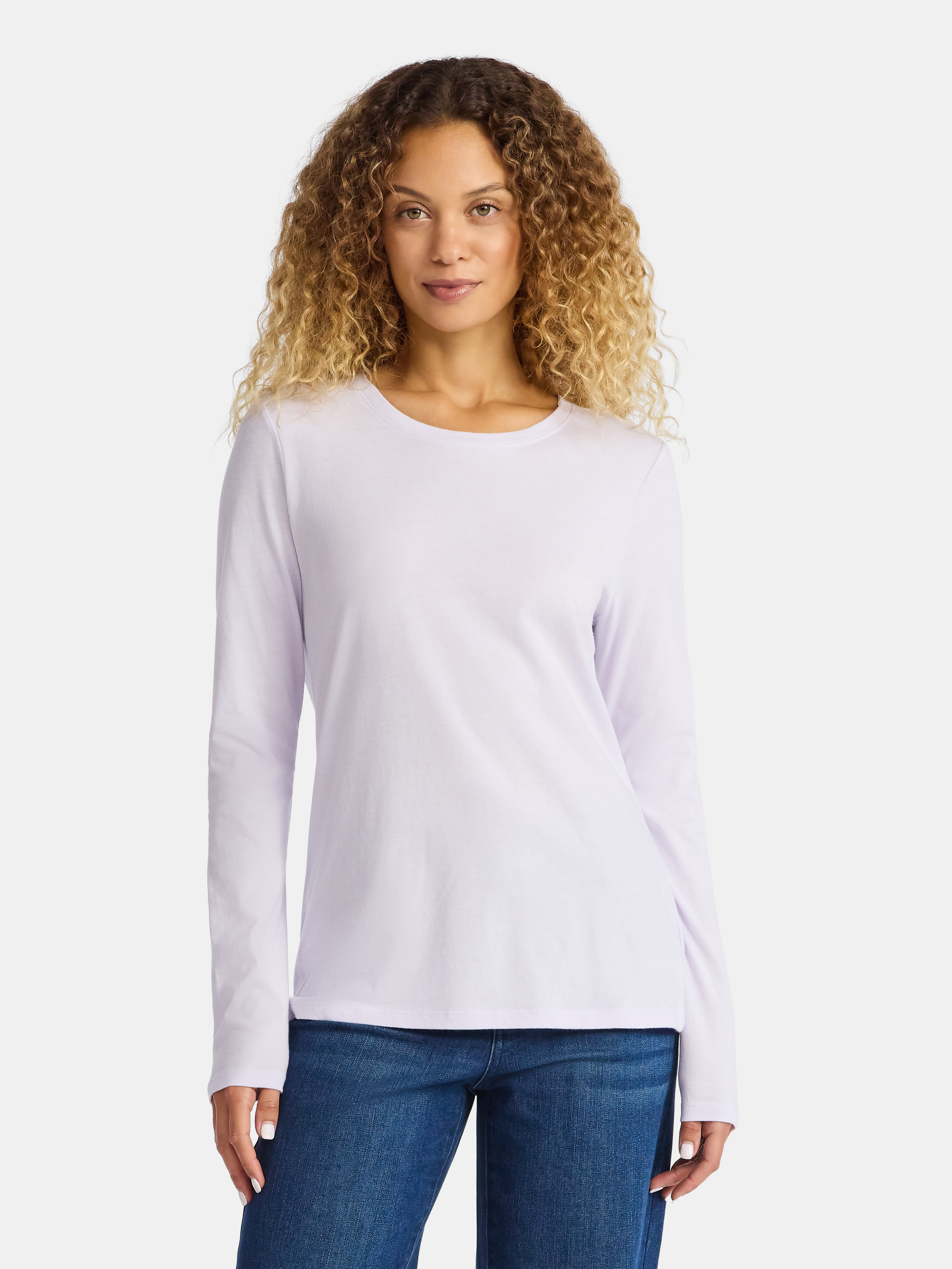 Time and Tru Women's Cotton Crewneck Tee with Long Sleeves, Sizes XS-XXXL