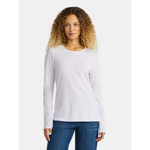 Time and Tru Women's Cotton Crewneck Tee with Long Sleeves, Sizes XS-XXXL