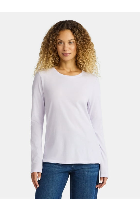 Women's Cotton Crewneck Tee with Long Sleeves, Sizes XS-XXXL