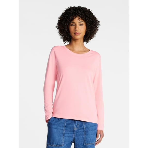 Time and Tru Women's Crewneck Tee with Long Sleeves, Sizes XS-XXXL