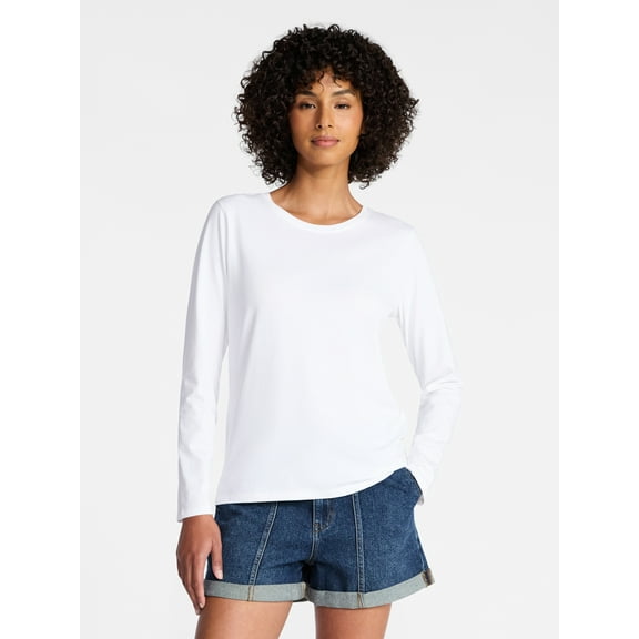 Time and Tru Women's Crewneck Tee with Long Sleeves, Sizes XS-XXXL