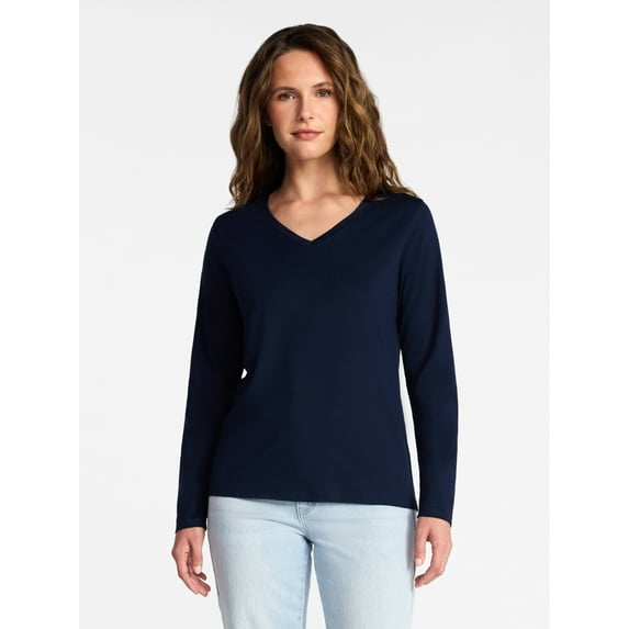 Time and Tru Women's Cotton V-Neck Tee with Long Sleeves, Sizes XS-XXXL