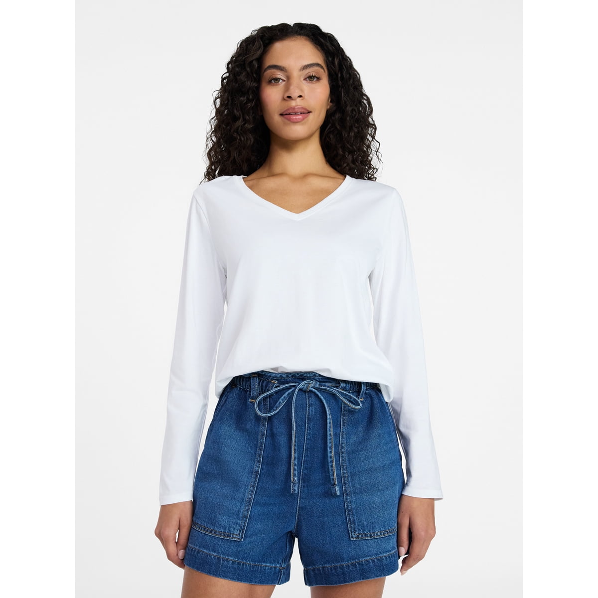 Women's 100% Cotton V-Neck Long Sleeve Tee, Sizes XS-XXXL