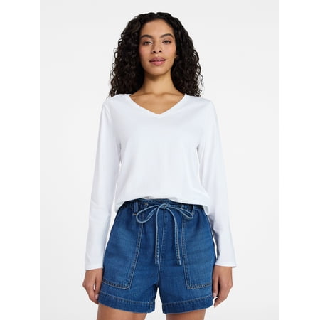 Time and Tru Women's 100% Cotton V-Neck Long Sleeve Tee, Sizes XS-XXXL