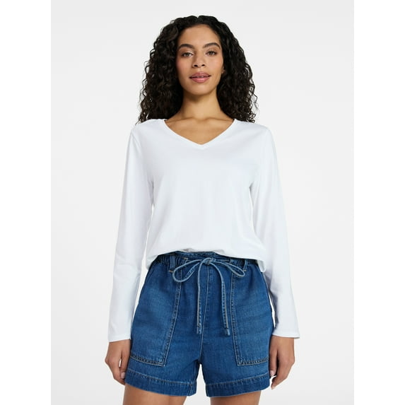 Time and Tru Women's Cotton V-Neck Tee with Long Sleeves, Sizes XS-XXXL