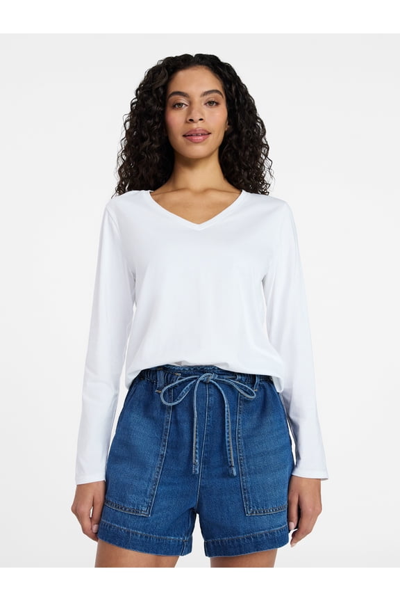 Women's Cotton V-Neck Tee with Long Sleeves, Sizes XS-XXXL