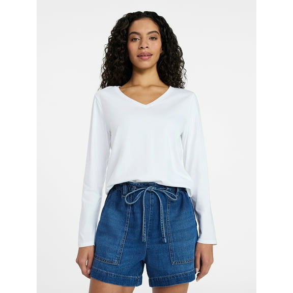 Time and Tru Women's Cotton V-Neck Tee with Long Sleeves, Sizes XS-XXXL