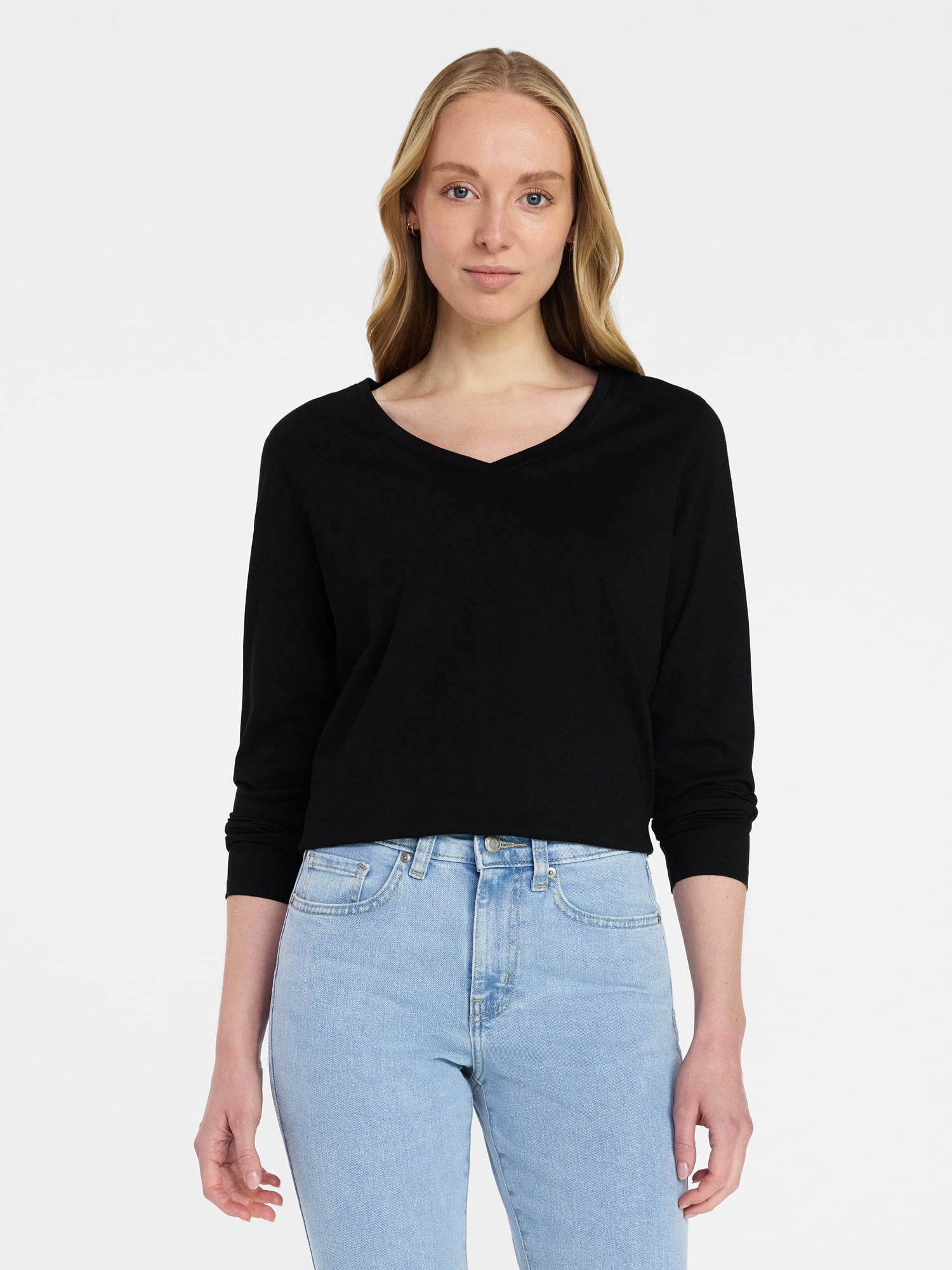 Time and Tru Women's Cotton V-Neck Tee with Long Sleeves, Sizes XS-XXXL