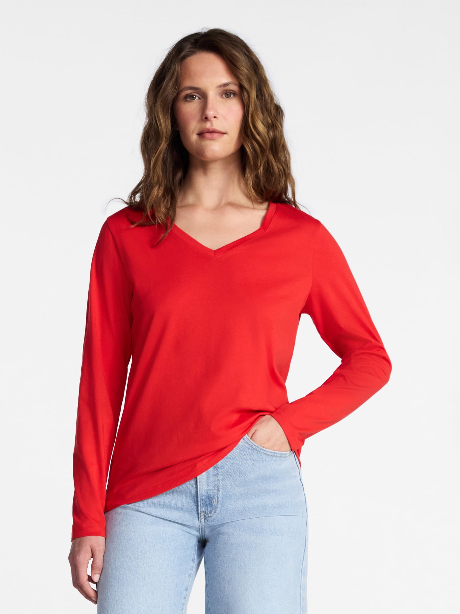 Time and Tru Women's Cotton V-Neck Tee with Long Sleeves, Sizes XS-XXXL