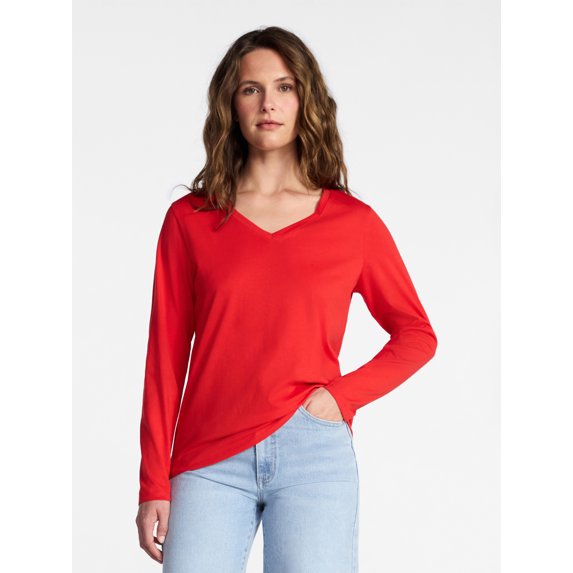 Time and Tru Women's Cotton V-Neck Tee with Long Sleeves, Sizes XS-XXXL