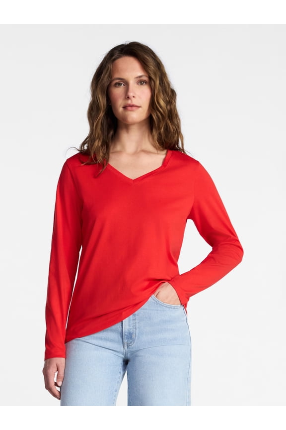 Women's Cotton V-Neck Tee with Long Sleeves, Sizes XS-XXXL