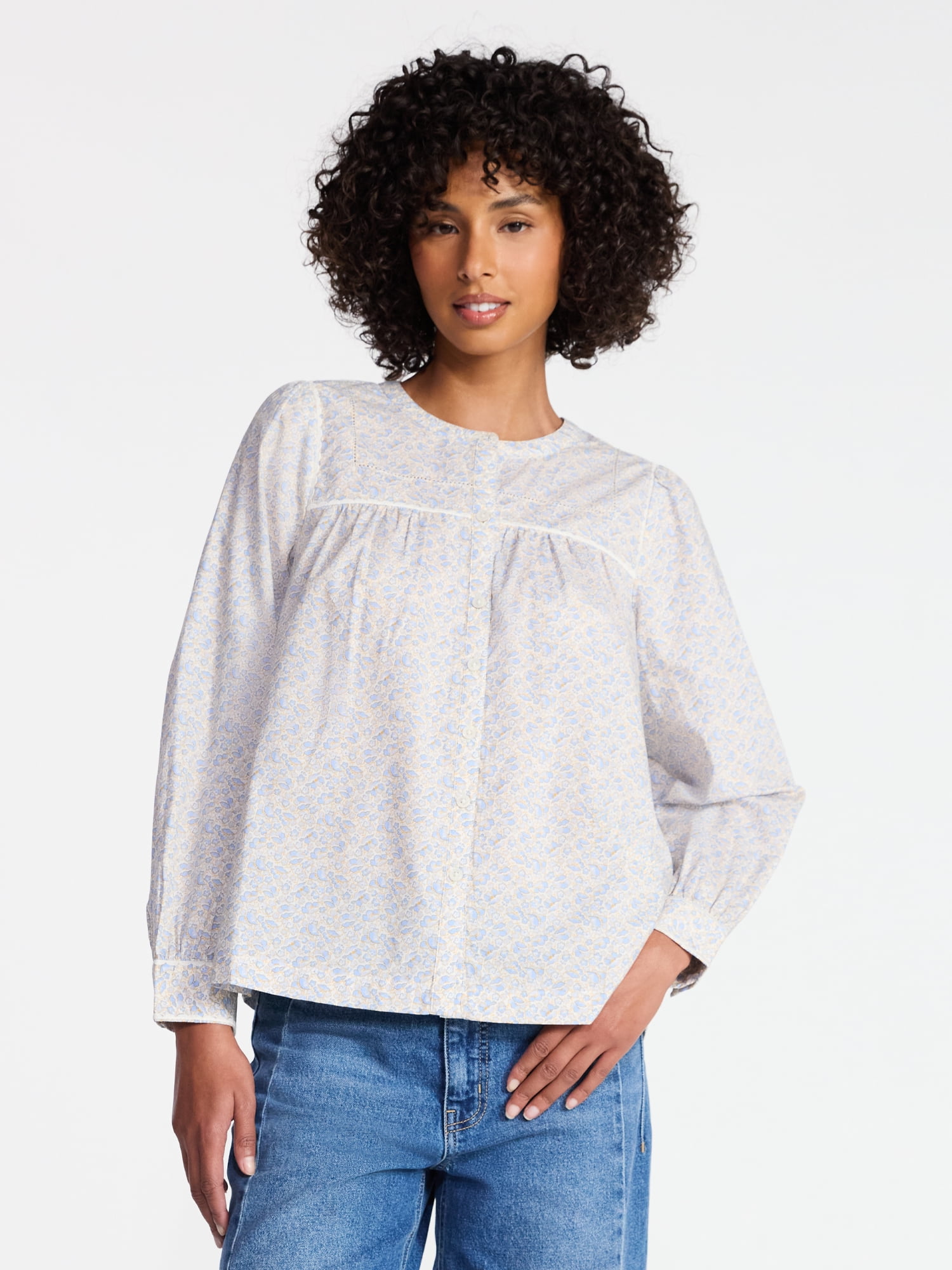 Time and Tru Women's Embroidered Cotton Button Front Shirt with Long Sleeves, Sizes XS-XXXL