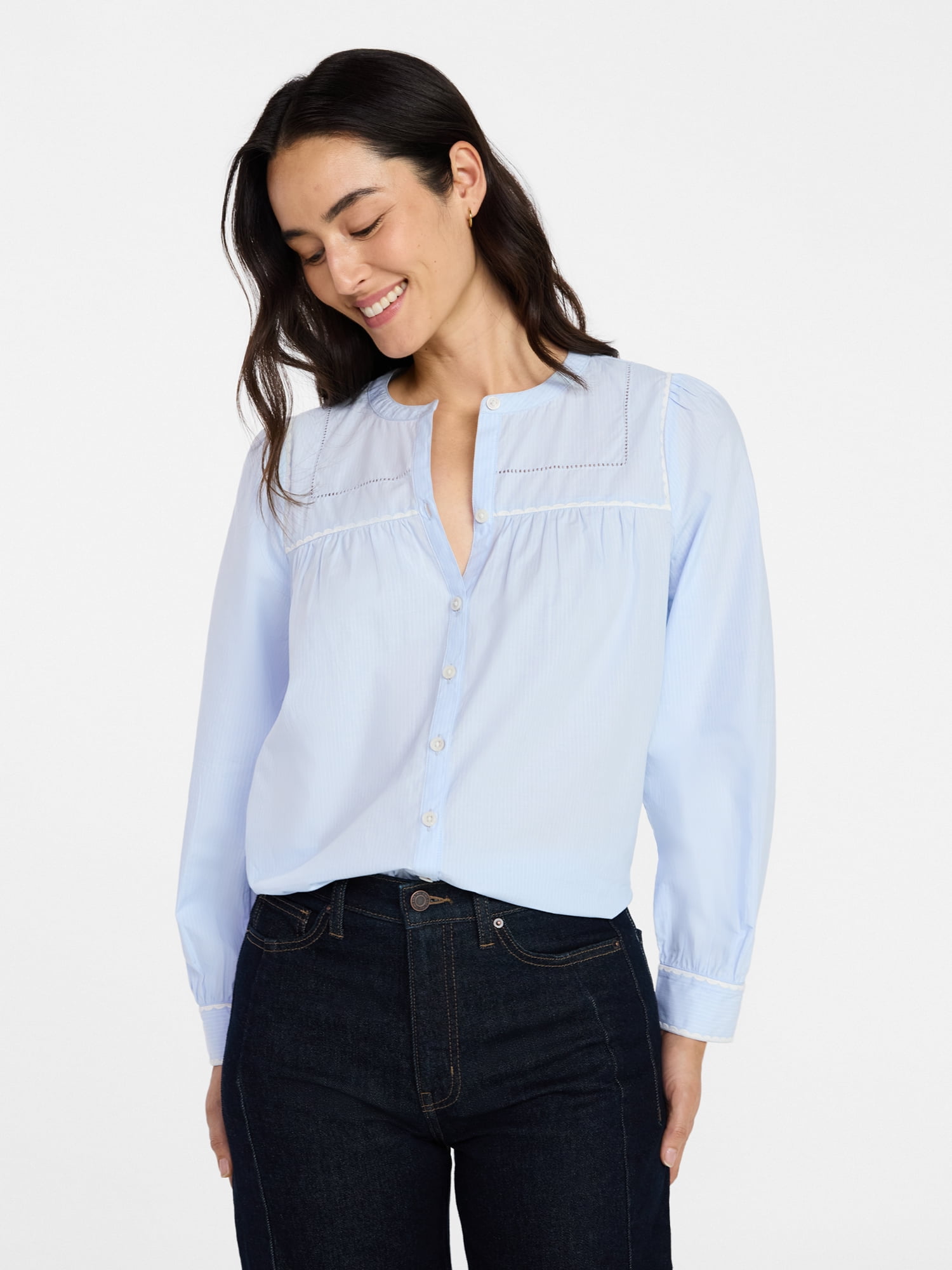 Time and Tru Women's Embroidered Cotton Button Front Shirt with Long Sleeves, Sizes XS-XXXL