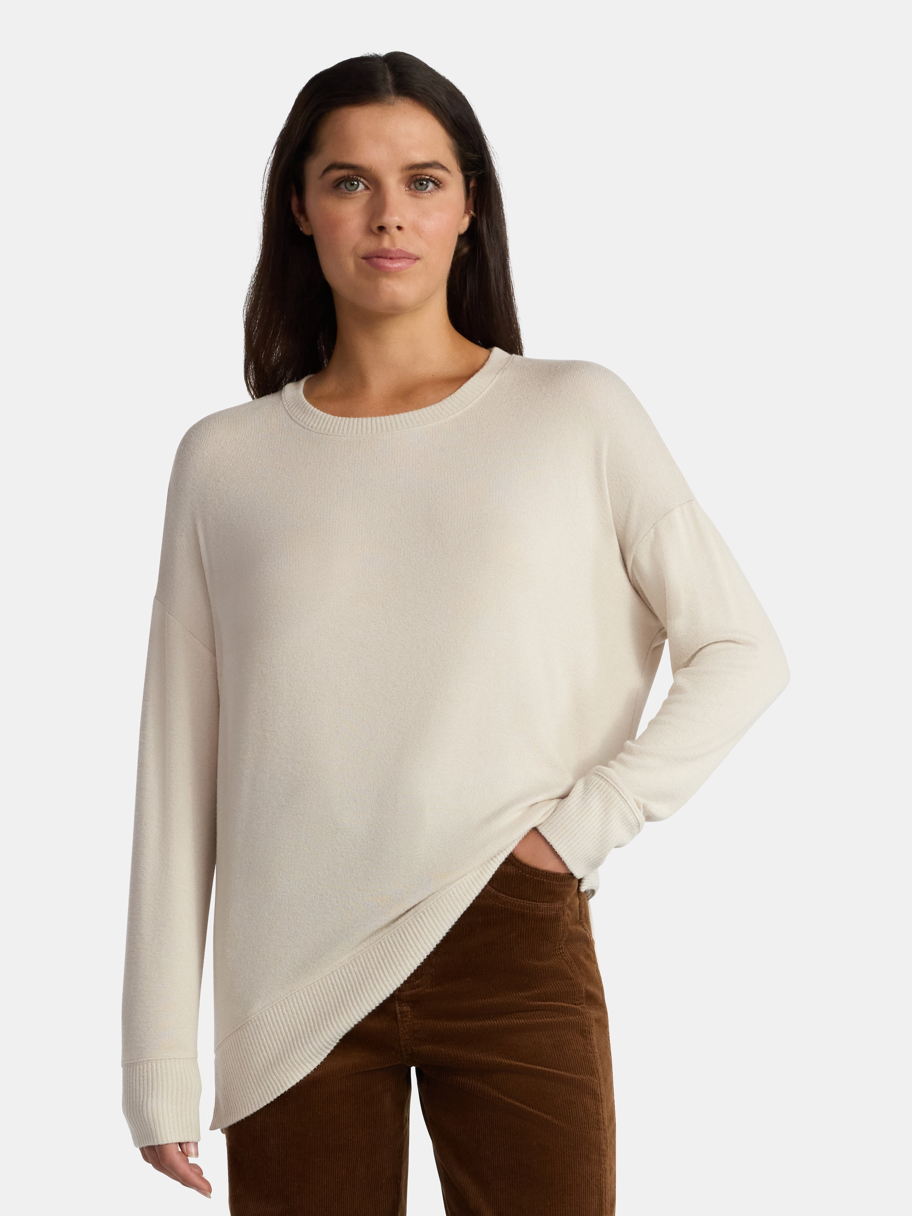 Time and Tru Women's Hacci Knit Tee with Long Sleeves, Sizes XS-XXXL