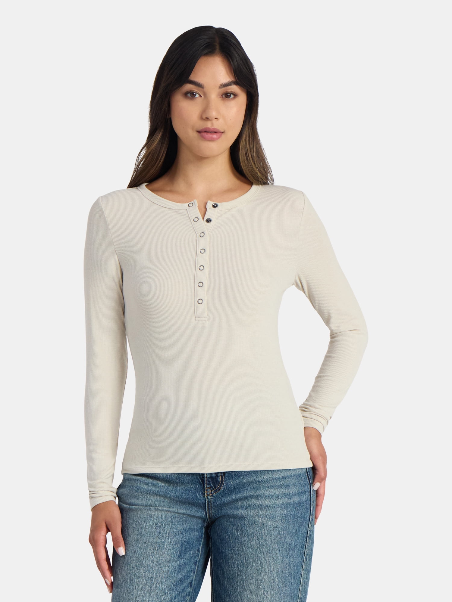 Time and Tru Women's Ribbed Henley Shirt with Long Sleeves, Sizes XS-XXXL