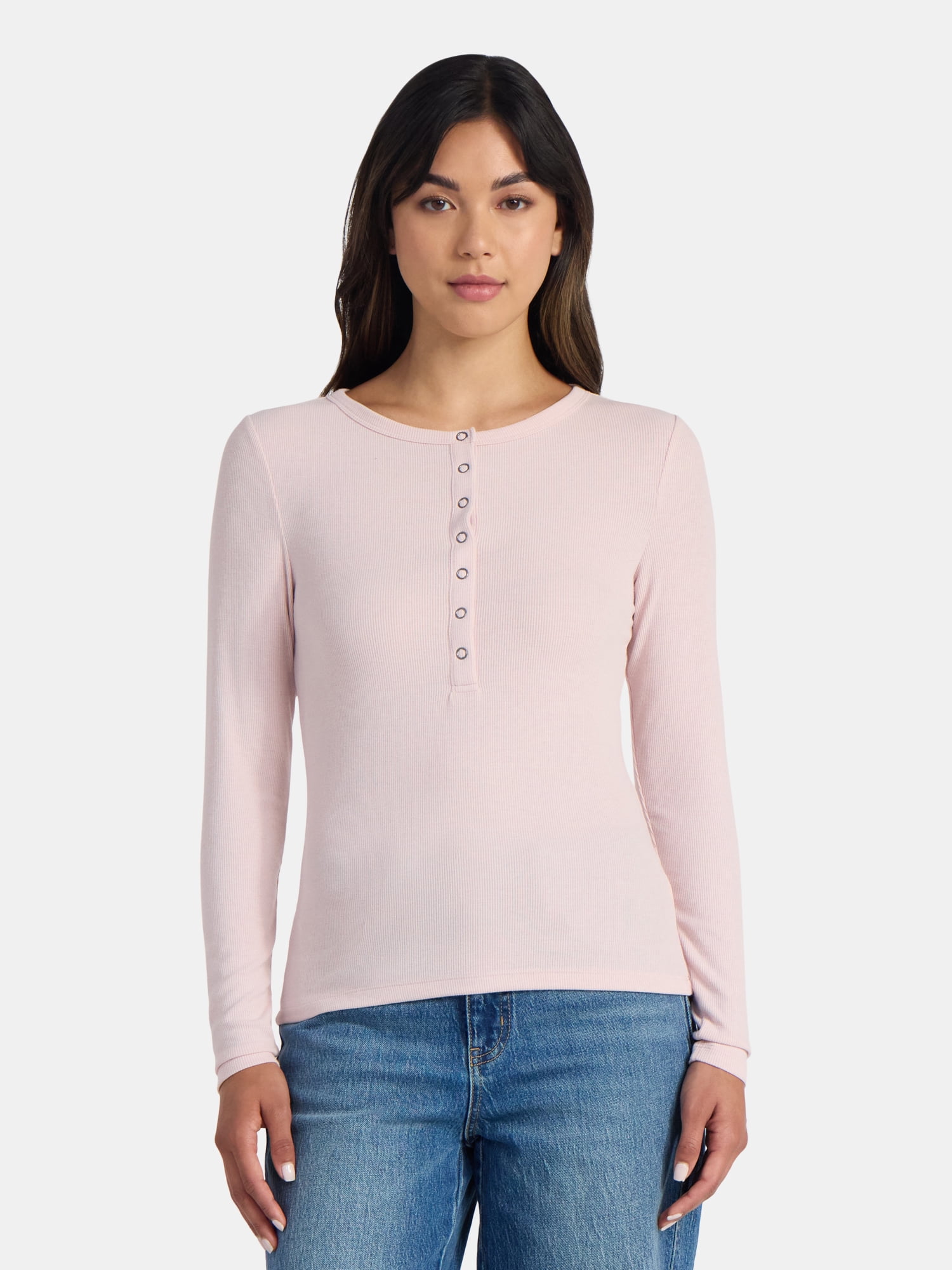 Time and Tru Women's Ribbed Henley Shirt with Long Sleeves, Sizes XS-XXXL