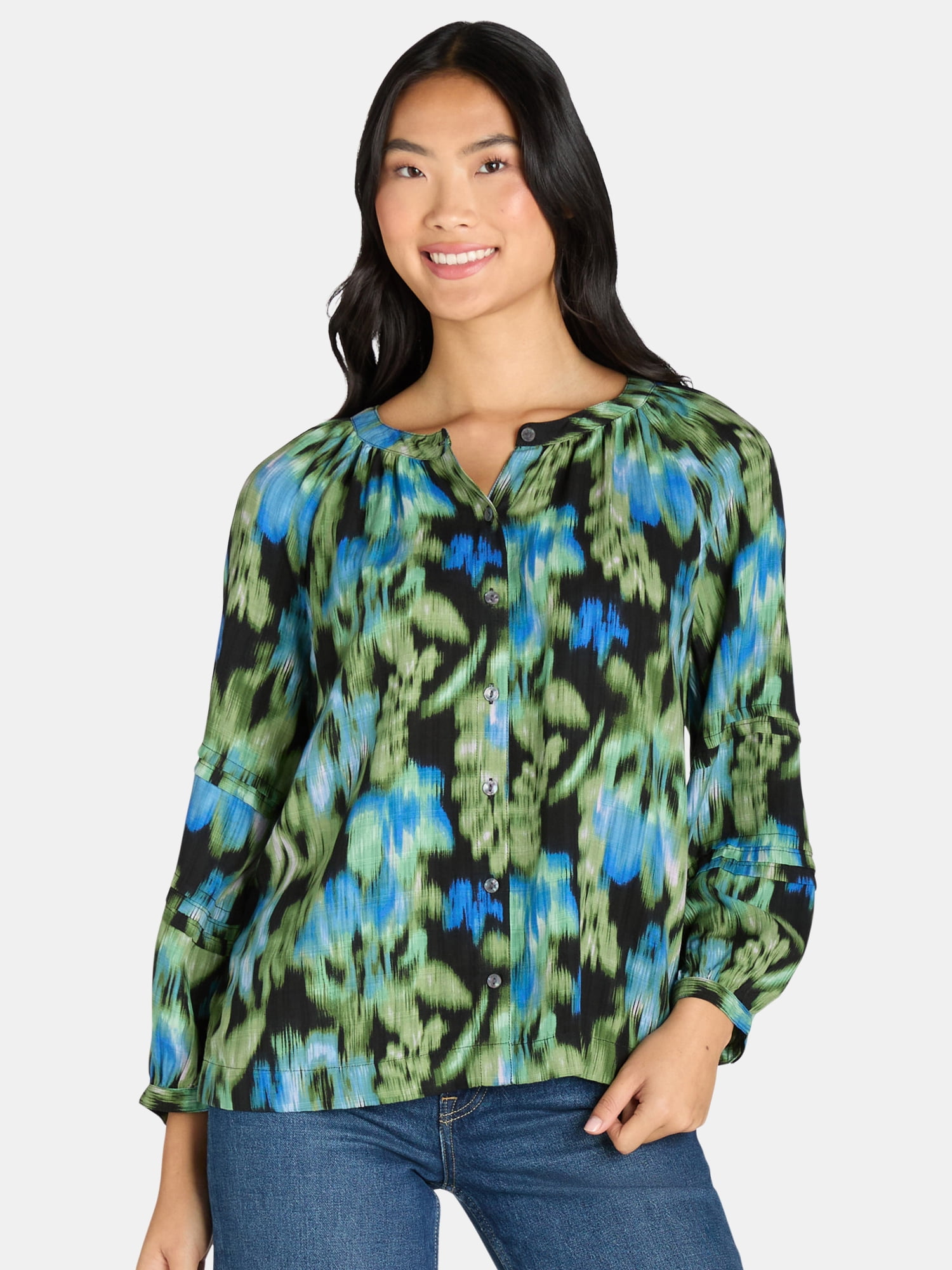 Time and Tru Women's Peasant Blouse with Long Sleeves, Sizes S-XXXL
