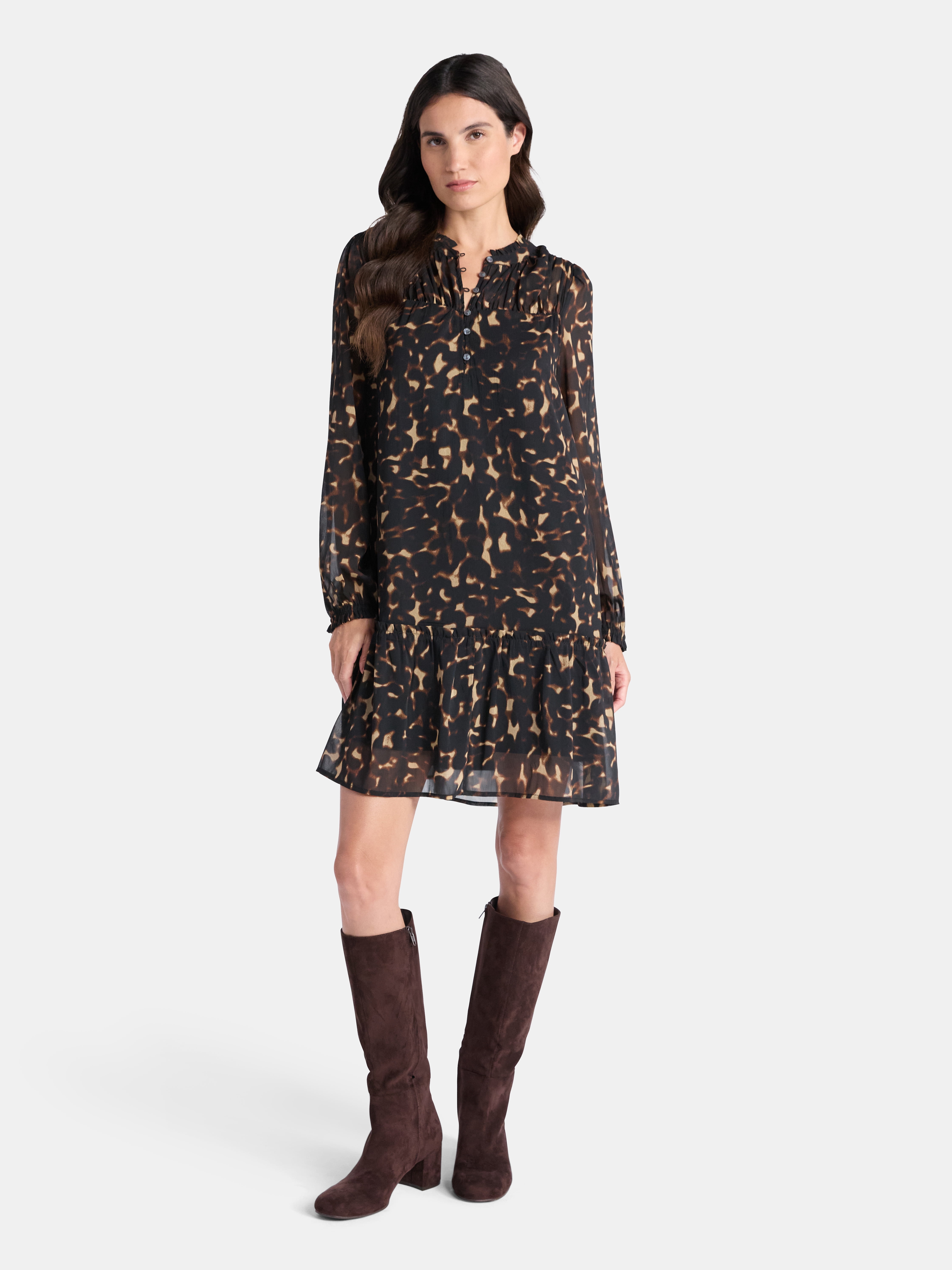 Time and Tru Women's Long Sleeve Ruched Yoke Dress, Sizes XS-XXXL