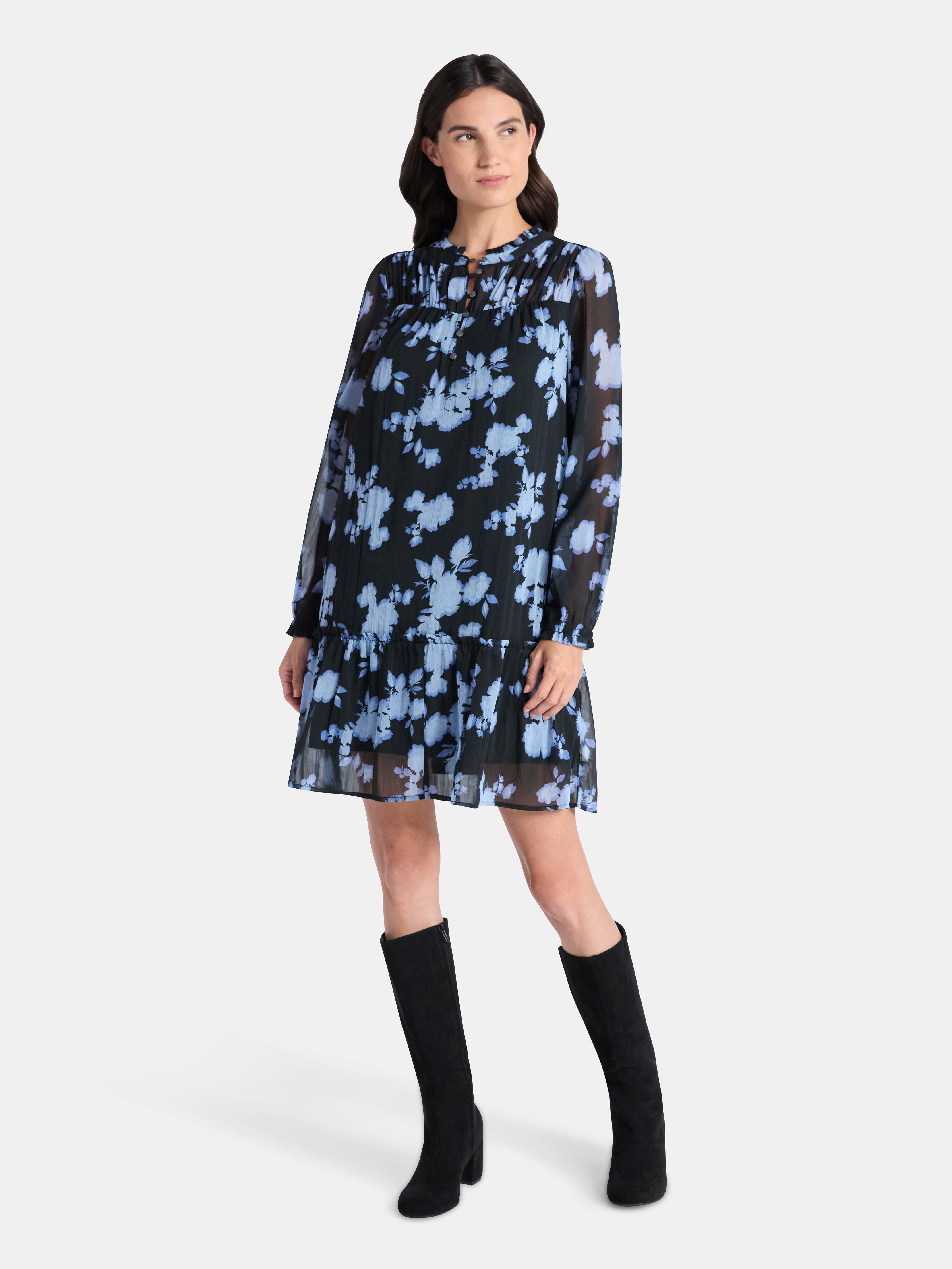 Time and Tru Women's Pintuck Yoke Dress with Long Sleeves, Sizes XS-XXXL