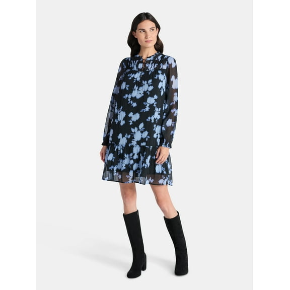 Time and Tru Women's Pintuck Yoke Dress with Long Sleeves, Sizes XS-XXXL