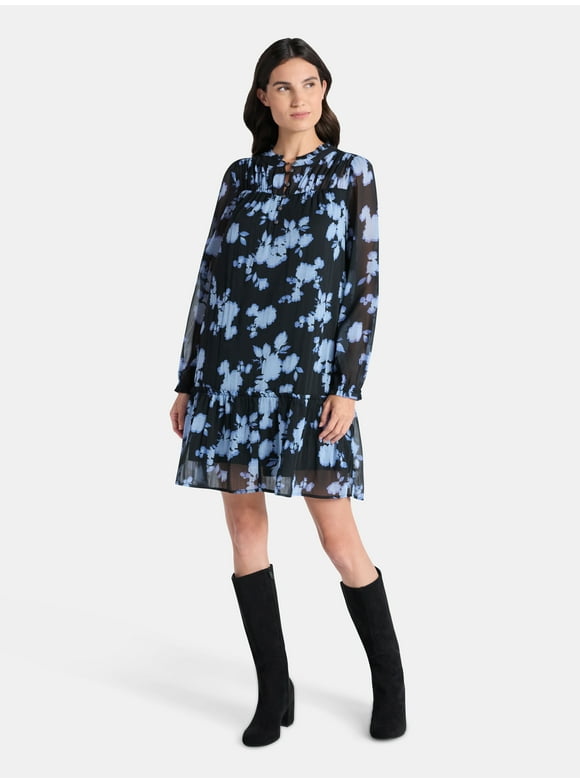 Women's Pintuck Yoke Dress with Long Sleeves, Sizes XS-XXXL