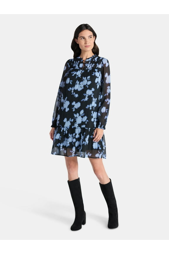 Women's Pintuck Yoke Dress with Long Sleeves, Sizes XS-XXXL