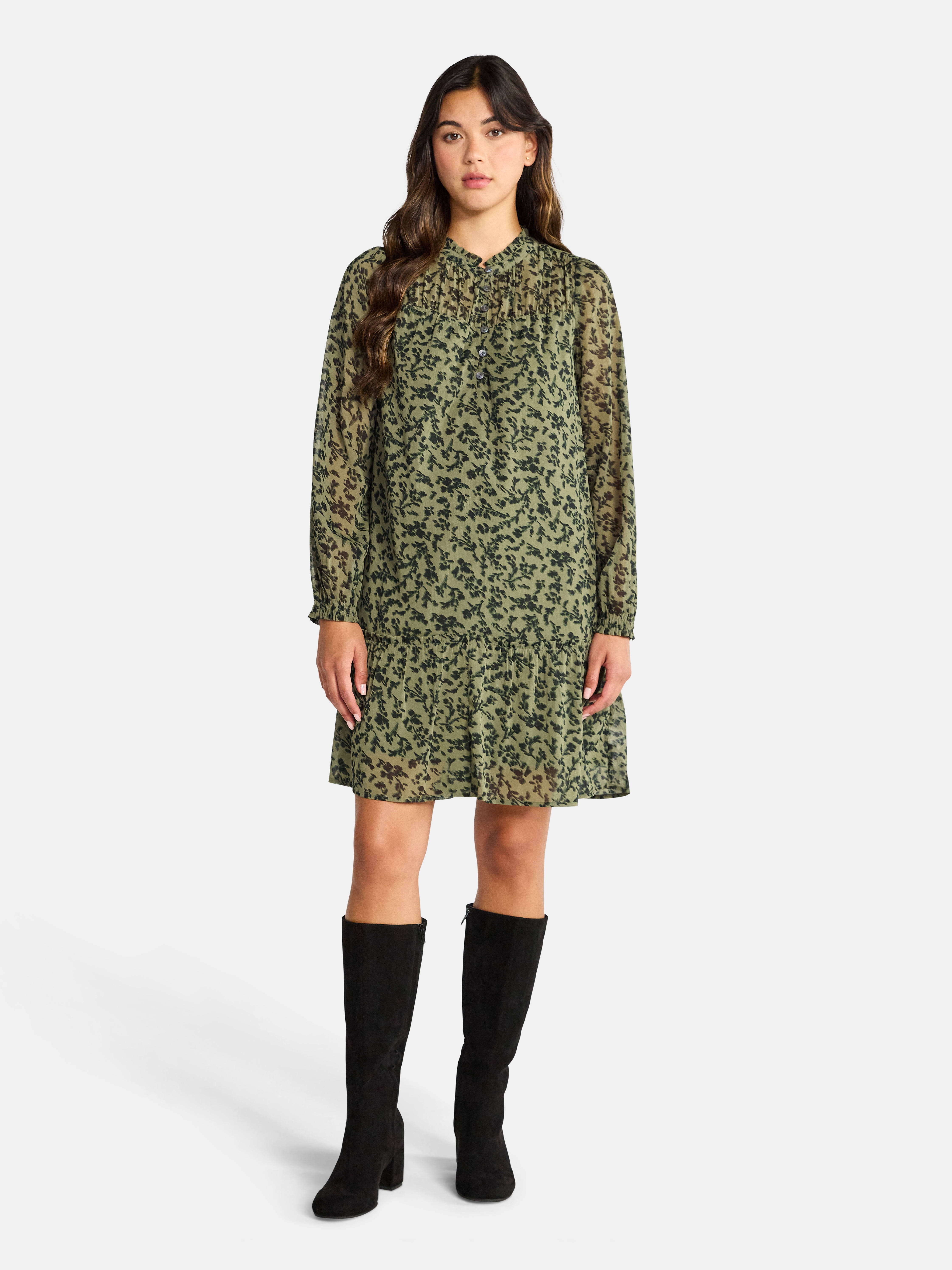 Time and Tru Women's Long Sleeve Ruched Yoke Dress, Sizes XS-XXXL