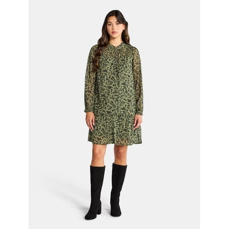 Time and Tru Women's Pintuck Yoke Dress with Long Sleeves, Sizes XS-XXXL