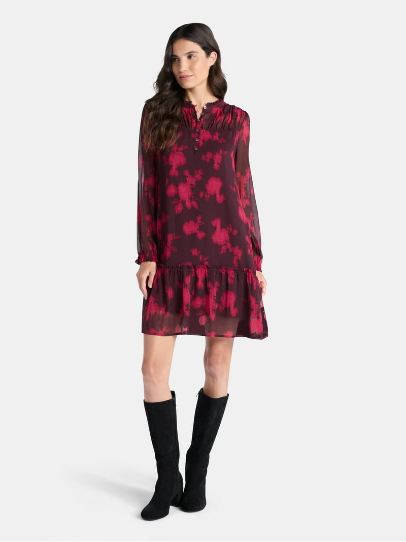 Time and Tru Women's Pintuck Yoke Dress with Long Sleeves, Sizes XS-XXXL