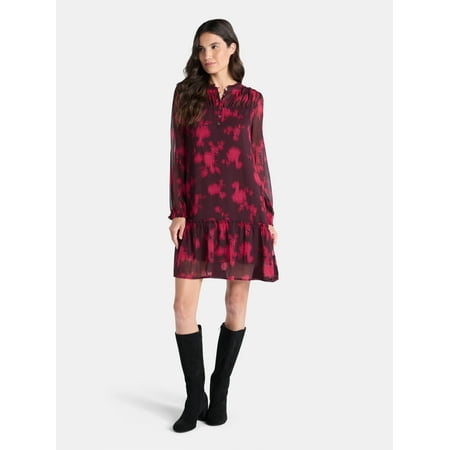 Time and Tru Women's Pintuck Yoke Dress with Long Sleeves, Sizes XS-XXXL