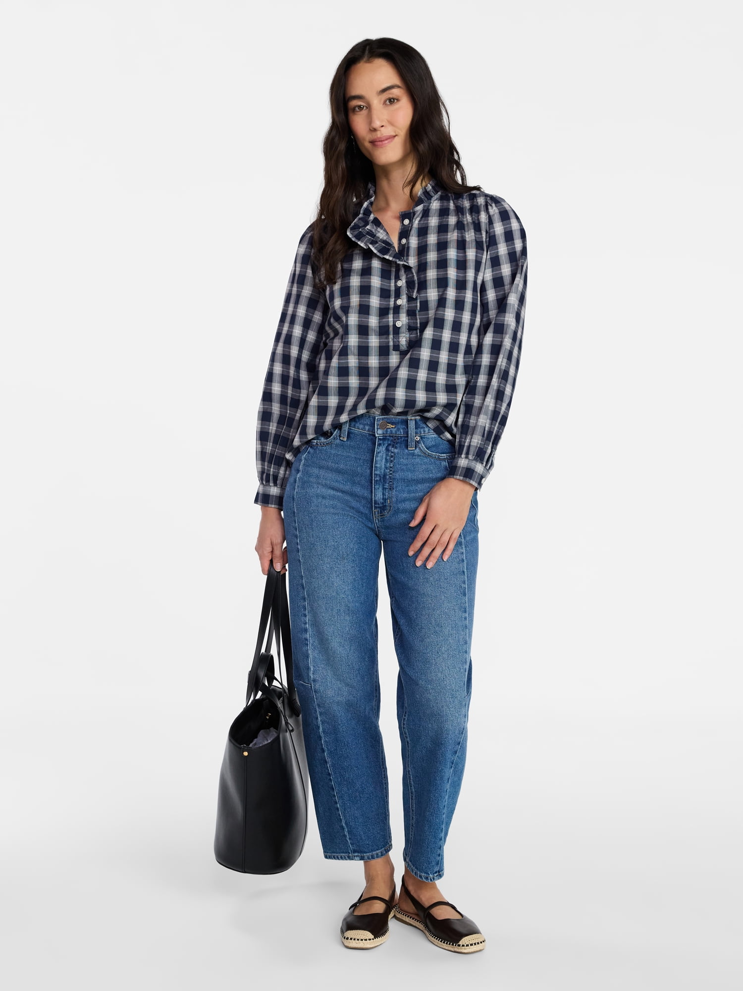 Time and Tru Women's Ruffle Neck Button Front Cotton Shirt with Long Sleeves, Sizes XS-XXXL