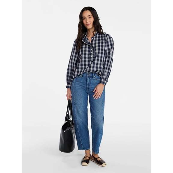 Time and Tru Women's Ruffle Neck Button Front Cotton Shirt with Long Sleeves, Sizes XS-XXXL