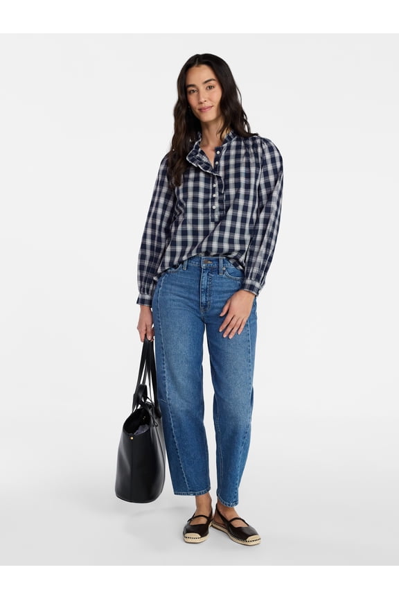 Women's Ruffle Neck Button Front Cotton Shirt with Long Sleeves, Sizes XS-XXXL