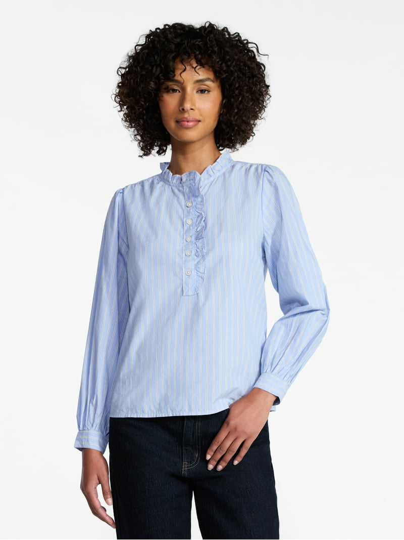 Time and Tru Women's Ruffle Neck Button Front Cotton Shirt with