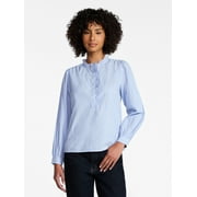 Time and Tru Women's Long Sleeve Ruffle Neck Button Down Top, Sizes XS-XXXL
