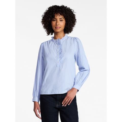 Women's Long Sleeve Ruffle Neck Button Down Top, Sizes XS-XXXL
