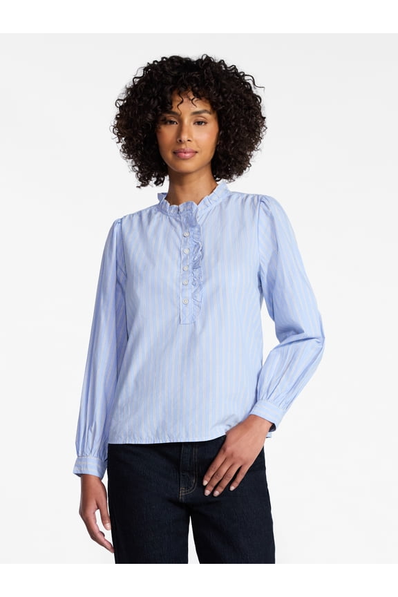 Women's Ruffle Neck Button Front Cotton Shirt with Long Sleeves, Sizes XS-XXXL
