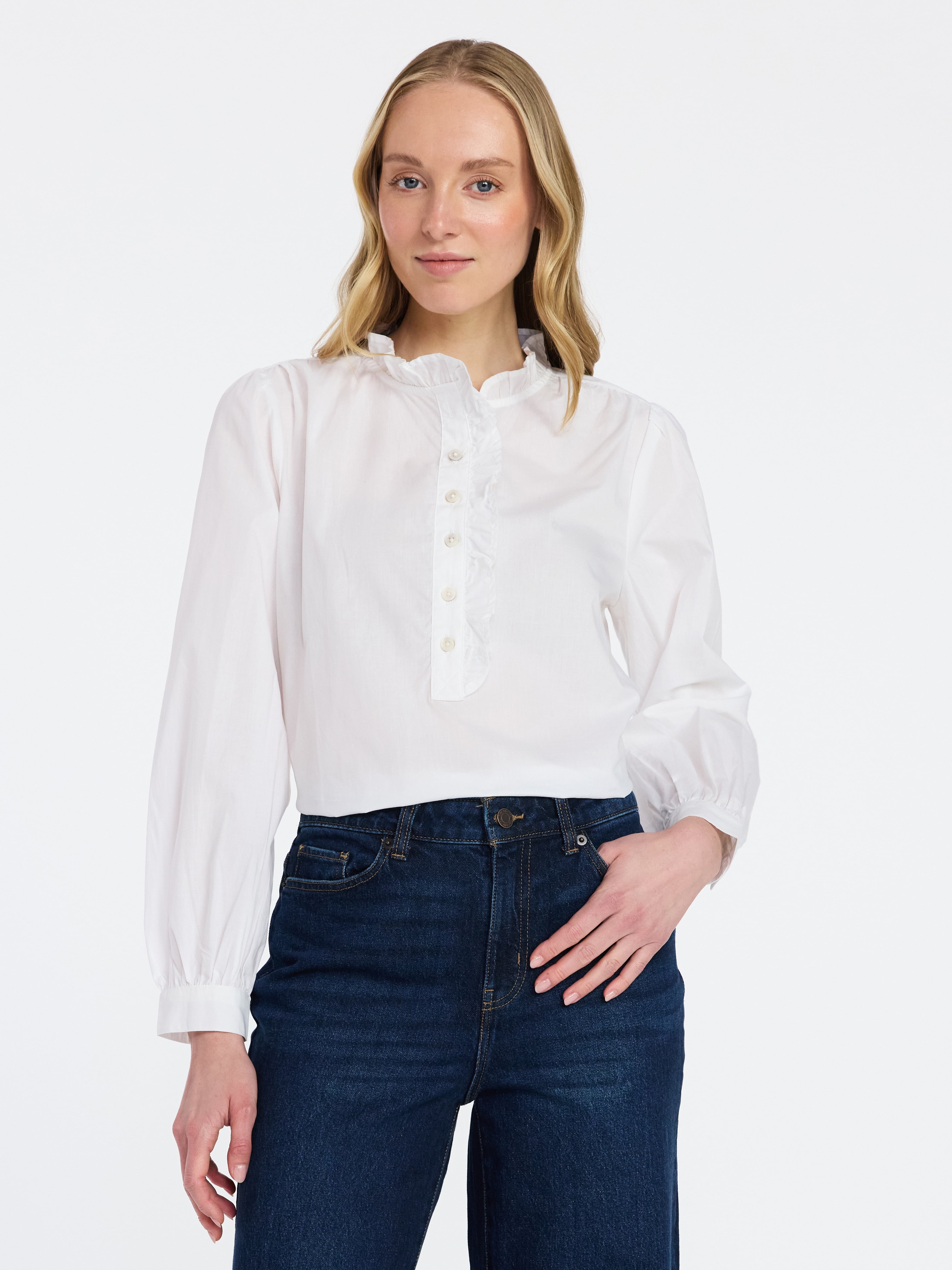 Time and Tru Women's Long Sleeve Ruffle Neck Button Down Top, Sizes XS-XXXL