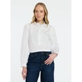 thumbnail image 1 of Time and Tru Women's Ruffle Neck Button Front Cotton Shirt with Long Sleeves, Sizes XS-XXXL, 1 of 6