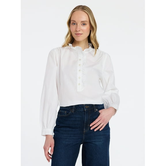 Time and Tru Women's Ruffle Neck Button Front Cotton Shirt with Long Sleeves, Sizes XS-XXXL