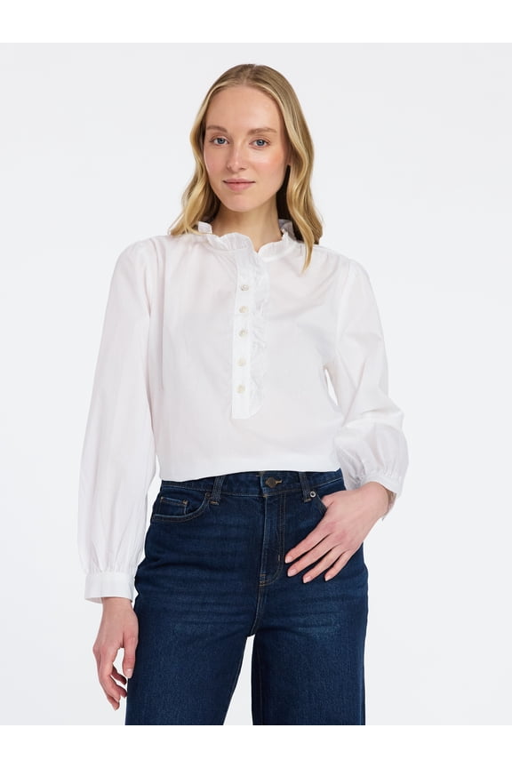 Women's Ruffle Neck Button Front Cotton Shirt with Long Sleeves, Sizes XS-XXXL